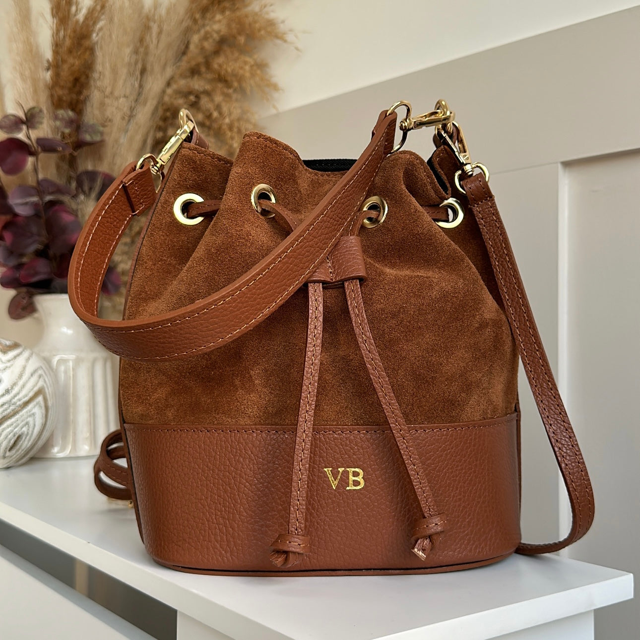 Amara Suede Personalised Leather Bucket Bag