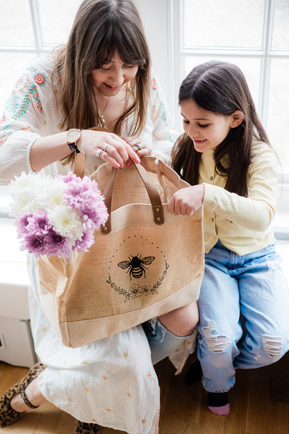 Bee design Large Jute Bag Leather Handle Shopper Beach Bag