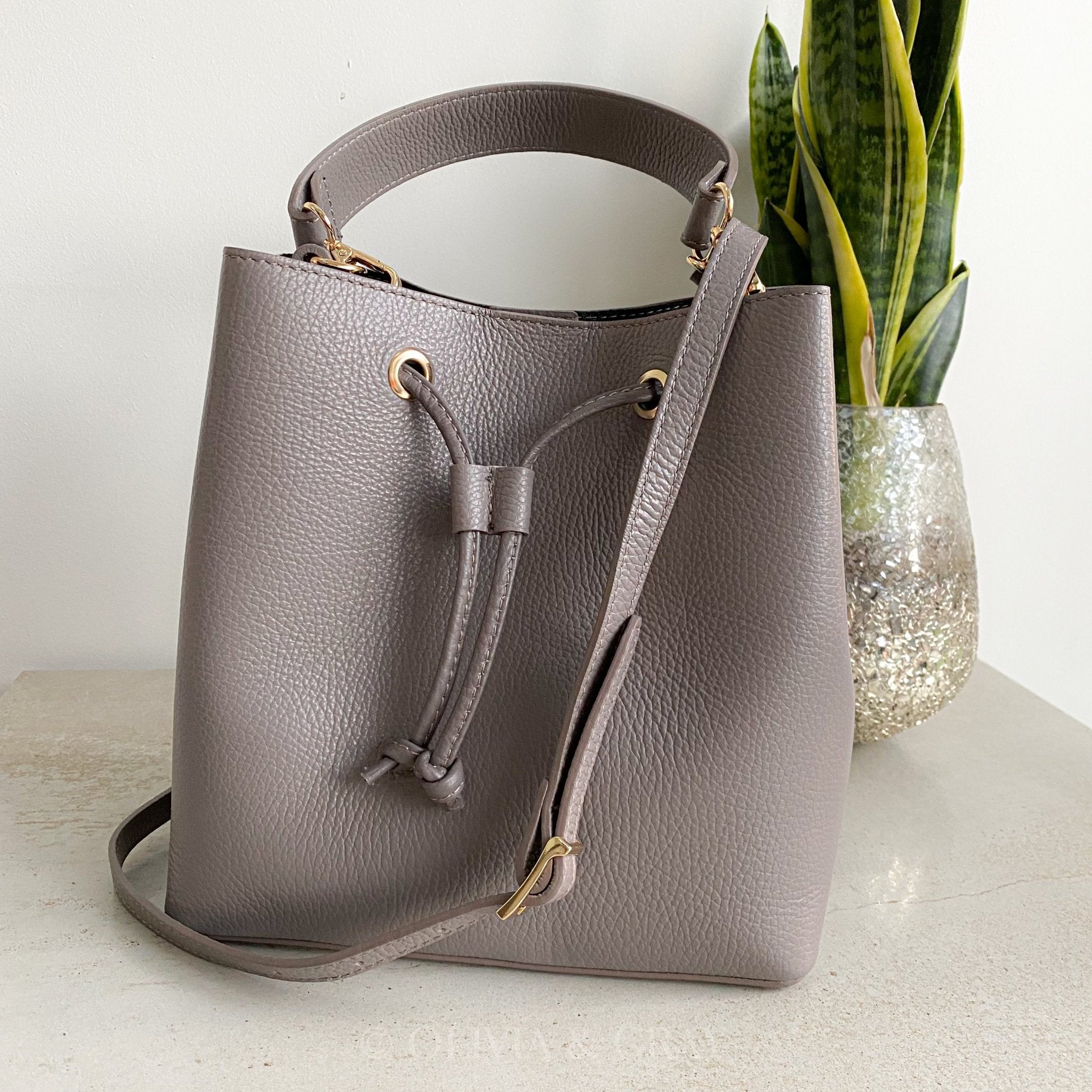 Grey leather bucket bag best sale