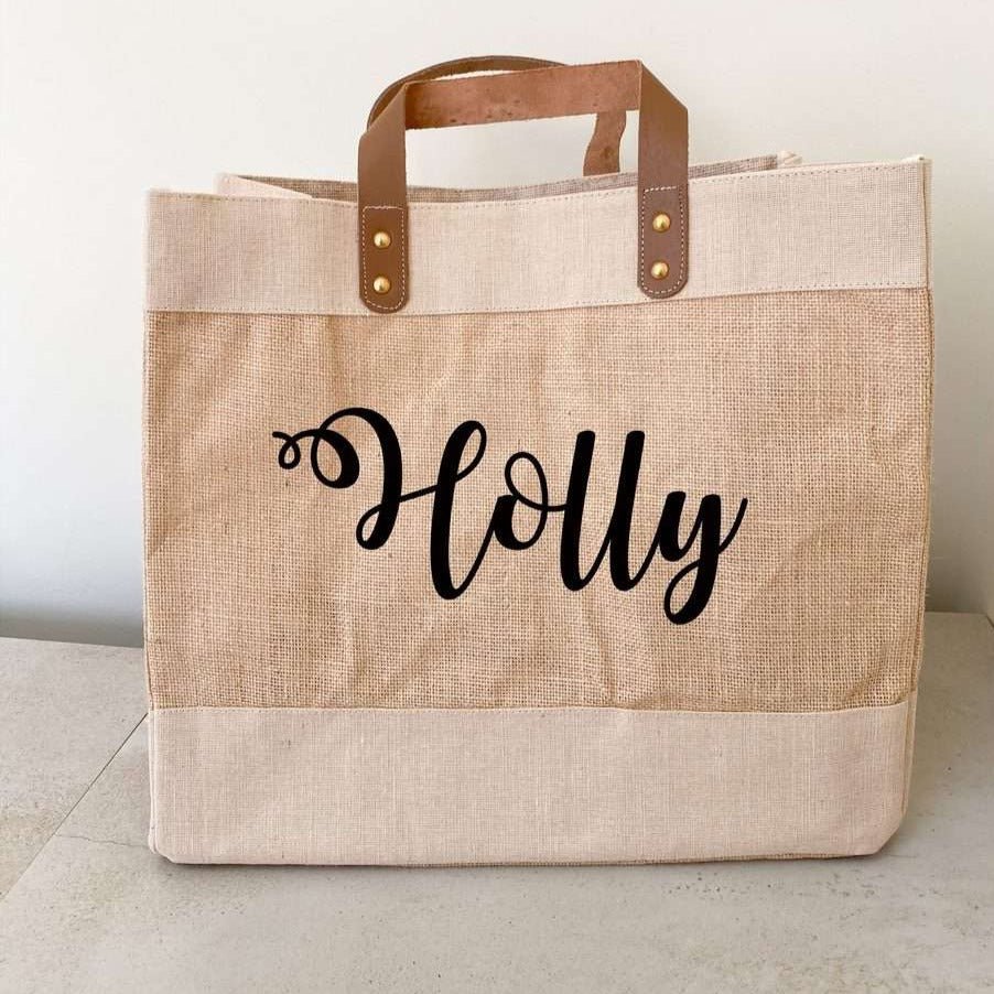 Personalised Large Jute Bag Leather Handle Shopper Beach Bag - OLIVIA AND GRAY LTD